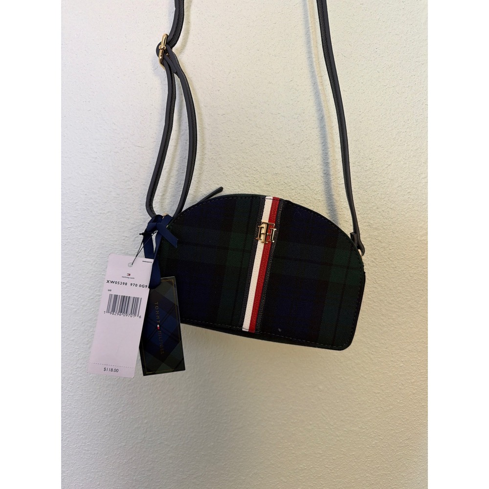 Tommy Hilfiger Blackwatch Plaid Crossbody Bag Navy Green Stripe XW05398 New
